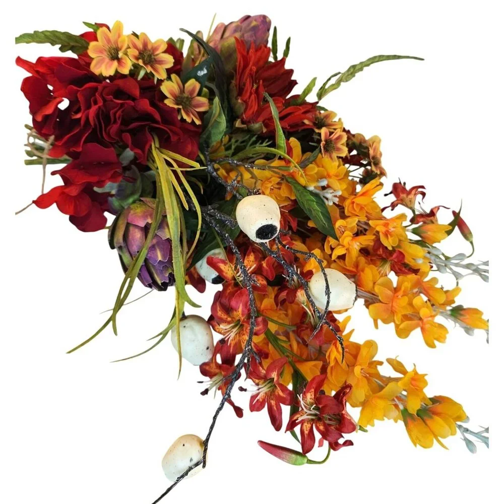 Artificial Floral Arrangement Bouquet - Fall Colors Red Yellow & Textured Accent
